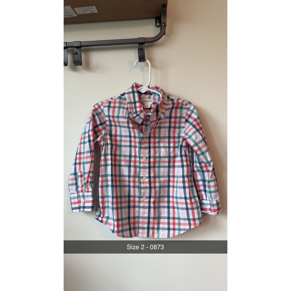 Crewcuts J.Crew Kids Size 2 Plaid Button Down Shirt Red Navy Blue Green Cotton